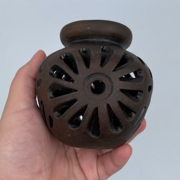 Hand engraved open work floral ceramic vase dark brown	small 3.5" - Picture 7 of 11